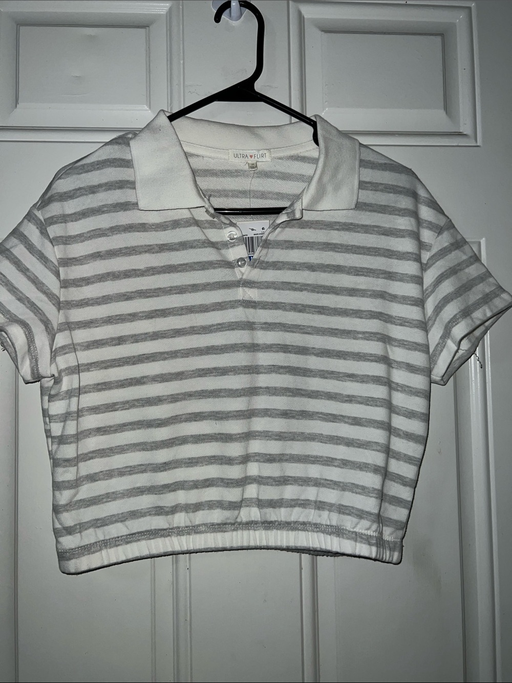 Ultra Flirt White and Light Gray Striped Cropped Polo Top